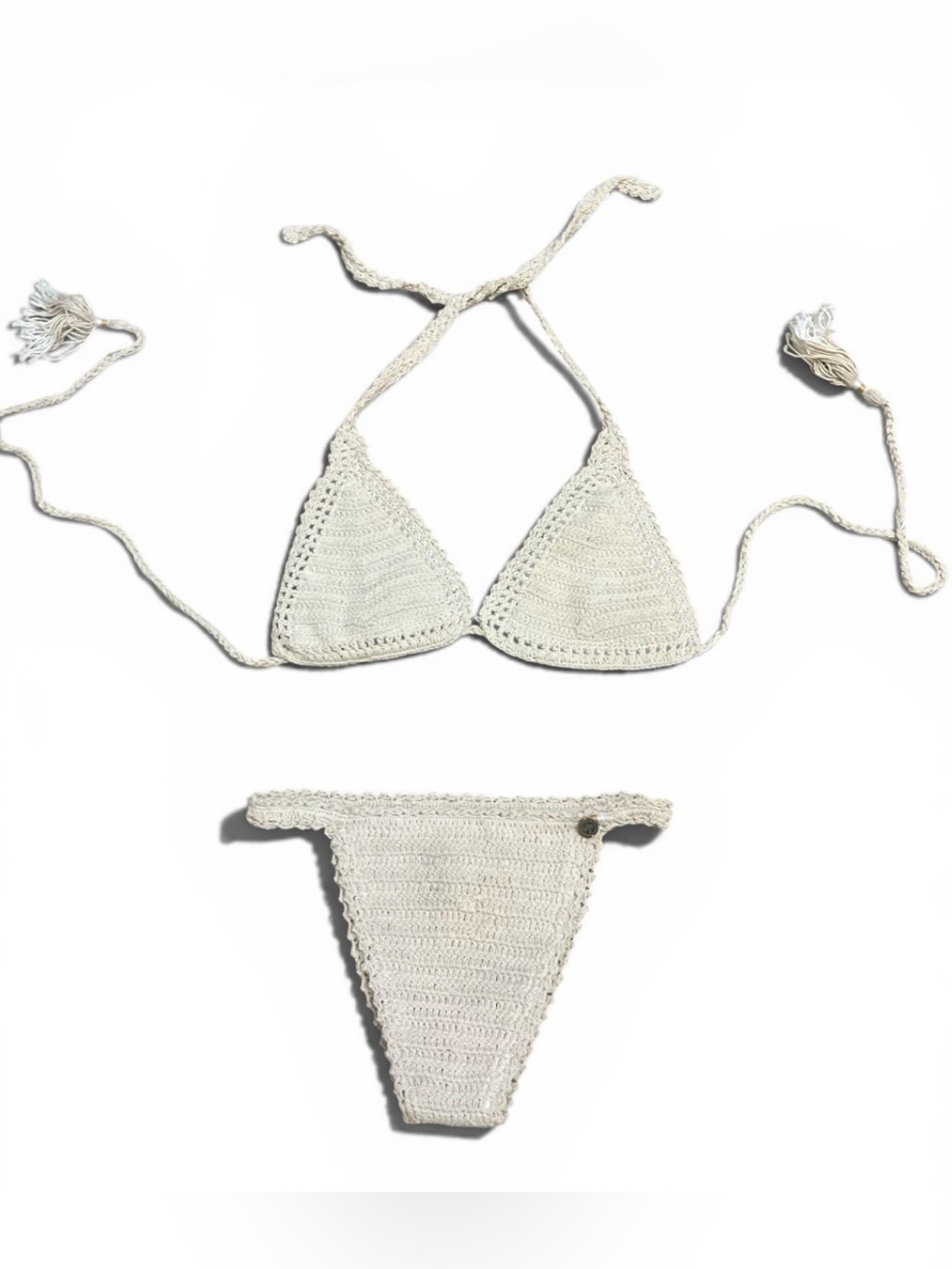 New She Made Me x FP Med Beige Riha Triangle Classic Crochet Handmade 2Pc Bikini